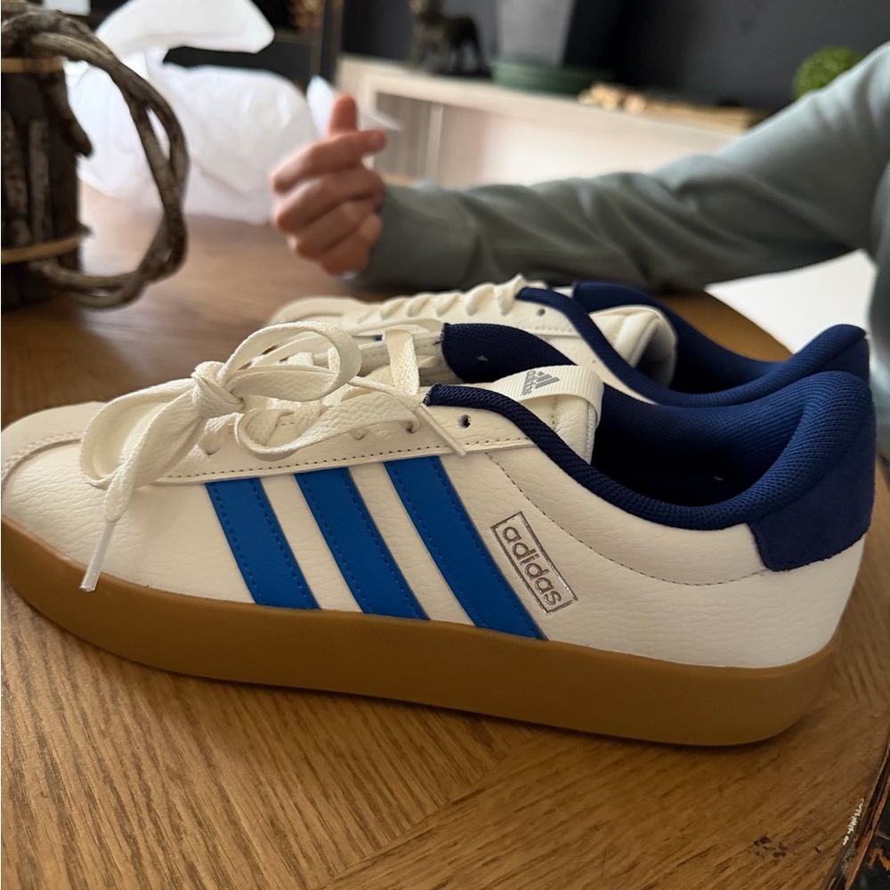 Adidas Men's White and Blue Sneakers with Tan Sole